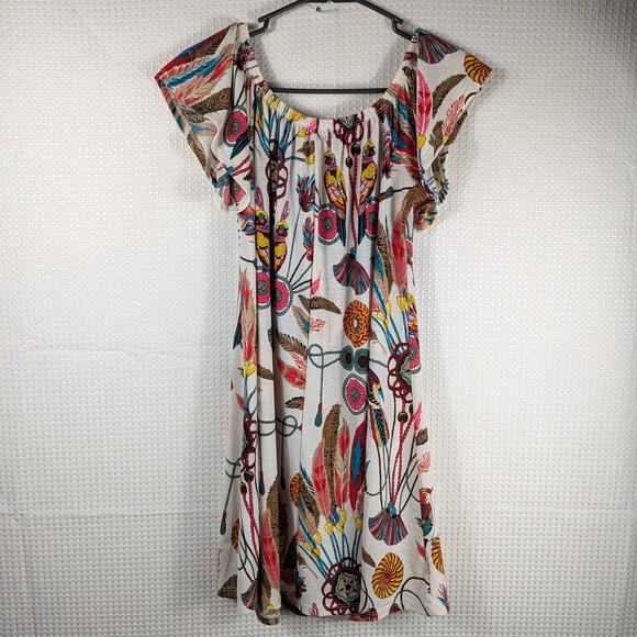 Y-Liee M Made in USA Multicolor Parrot Feather Print Dress Flutter Sleeve Boho - Picture 6 of 6